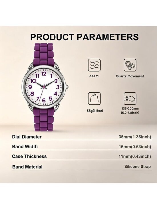 Women\'s Purple Big Face Easy Reader Silicone Strap Waterproof 35MM Wrist Watch